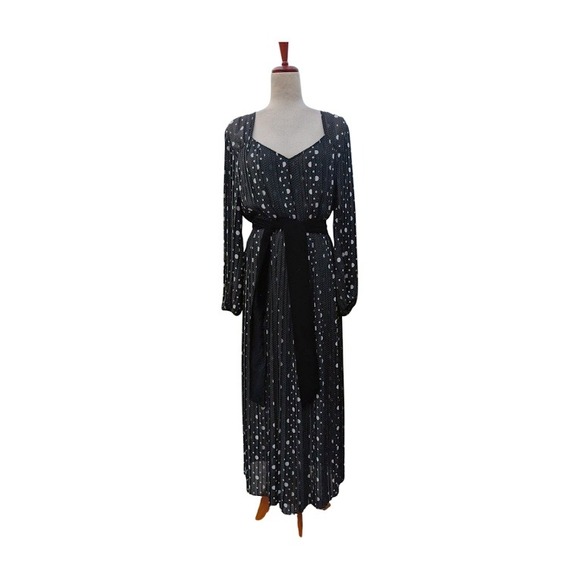 The Kooples Polka Dot Pleated Maxi Dress Black White Long Sleeve Belted Women M - Picture 2 of 9